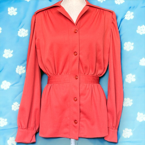 American Vintage Tops - Vintage 70s Burnt Orange Peplum Long Sleeve Dagger Collar Button Up Shirt Blouse